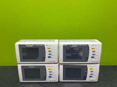 4 x Philips X2 Handheld Patient Monitors Including ECG, SpO2, NBP, Press and Temp Options with 4 x Philips M4607A Lithium ION Batteries (All Power Up with Slight Damage to Casing, 3 x Flat Batteries - See Photos) *DE03786028 / DE315D1471 / DE037B4031 / DE