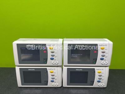 4 x Philips X2 Handheld Patient Monitors Including ECG, SpO2, NBP, Press and Temp Options with 4 x Philips M4607A Lithium ION Batteries (All Power Up, 3 x Slight Damage to Casing, 2 x Flat Batteries - See Photos) *DE037A9670 / DE037A9667 / DE83629801 / DE