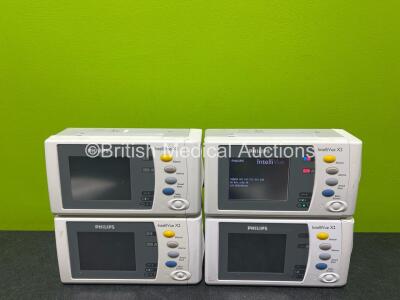 4 x Philips X2 Handheld Patient Monitors Including ECG, SpO2, NBP, Press and Temp Options with 4 x Philips M4607A Lithium ION Batteries (3 x Power Up, 1 x No Power, 3 x Slight Damage to Casing, 2 x Flat Batteries - See Photos) *DE73610056 / DE03797744 / D