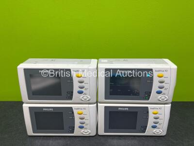 4 x Philips X2 Handheld Patient Monitors Including ECG, SpO2, NBP, Press and Temp Options with 4 x Philips M4607A Lithium ION Batteries (1 x Powers Up, 3 x No Power, 1 x Slight Damage to Casing, 2 x Flat Batteries - See Photos) *DE037A9517 / DE03786025 / 