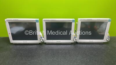 3 x Philips IntelliVue MP70 Patient Monitors (All Power Up - 1 x Missing Dial)