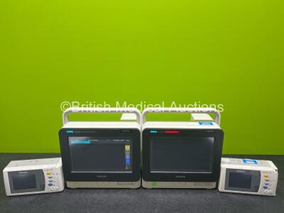 2 x Philips IntelliVue MX400 Patient Monitors (1 x Wear to Power Button - See Photos) with 2 x Philips X2 Handheld Patient Monitors (Both with Damage to Casing - See Photos) Including ECG, SpO2, NBP, Temp and Press Options (All Power Up)