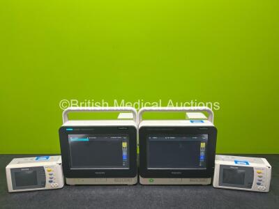 2 x Philips IntelliVue MX400 Patient Monitors (1 x Wear to Power Button - See Photos) with 2 x Philips X2 Handheld Patient Monitors (Both with Damage to Casing - See Photos) Including ECG, SpO2, NBP, Temp and Press Options (All Power Up)