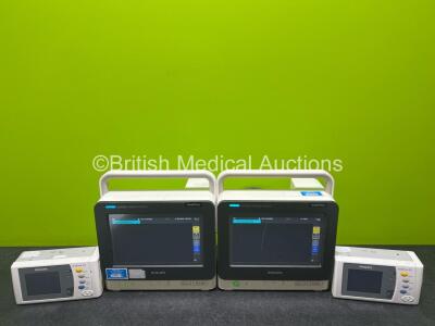 2 x Philips IntelliVue MX400 Patient Monitors (1 x Wear to Power Button and Scratch in Screen - See Photos) with 2 x Philips X2 Handheld Patient Monitors (Both with Damage to Casing - See Photos) Including ECG, SpO2, NBP, Temp and Press Options (All Power