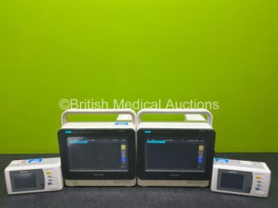 2 x Philips IntelliVue MX400 Patient Monitors (1 x Wear to Power Button and Mark on Screen - See Photos) with 2 x Philips X2 Handheld Patient Monitors (1 x Slight Damage to Casing - See Photos) Including ECG, SpO2, NBP, Temp and Press Options (All Power U