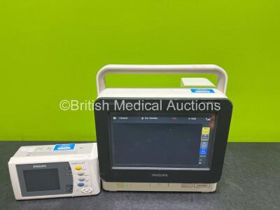 Philips IntelliVue MX400 Patient Monitor (Marks to Casing - See Photos) with 1 x Philips X2 Handheld Patient Monitor (Damage to Casing - See Photos) Including ECG, SpO2, NBP, Temp and Press Options (Both Power Up)