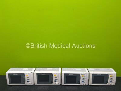 4 x Philips X2 Handheld Patient Monitors (2 x Damage to Casing - See Photos) Including ECG, SpO2, NBP, Temp and Press Options with 4 x Li-ion Batteries (No Power, Suspected Flat Batteries)