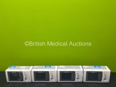 4 x Philips X2 Handheld Patient Monitors (2 x Damage to Casing - See Photos) Including ECG, SpO2, NBP, Temp and Press Options with 4 x Li-ion Batteries (No Power, Suspected Flat Batteries)