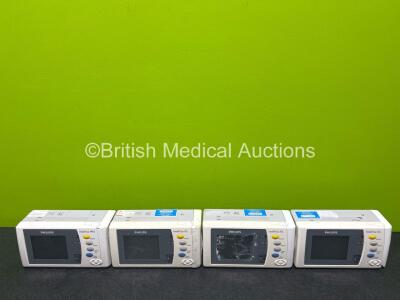 4 x Philips X2 Handheld Patient Monitors (All with Damage to Casing - See Photos) Including ECG, SpO2, NBP, Temp and Press Options with 4 x Li-ion Batteries (No Power, Suspected Flat Batteries)