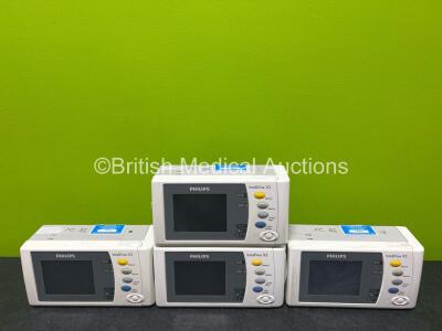 4 x Philips IntelliVue X2 Handheld Patient Monitors Including ECG, SpO2, NBP, Press and Temp Options (All Power Up, 1 x Crack in Casing - See Photos) with 4 x li-ion Batteries