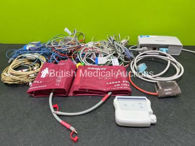 Job Lot Including Various Patient Monitoring Cables, 1 x Mortara Wireless Acquisition Module (Powers Up) and 1 x Philips M8023A Adaptor