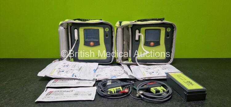 2 x Zoll AEDPro Defibrillators (Both Power Up, 1 x Cracked Screen - See Photo) in Carry Cases with 2 x 3 Lead ECG Leads, 3 x Li-ion Batteries, 3 x Electrodes (1 x Expired) and 2 x Skintact ECG Electrodes *Both Expiry Date 2025*