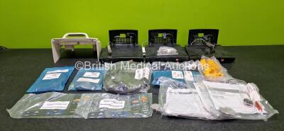 Job Lot Including 3 x Physio Control Lifepak Code Management Modules (1 x Missing Battery Cover - See Photos), 4 x 3 Lead ECG Leads, 1 x Paddle Lead, 3 x Electrodes *All Expired*, 1 x Physio Control Internal Hard Paddle and Various Spare Parts *SN 0193711