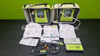 2 x Zoll AEDPro Defibrillators (Both Power Up, 1 x Cracked Screen - See Photo) in Carry Cases with 2 x 3 Lead ECG Leads, 4 x Li-ion Batteries and 3 x Electrodes *2 x Expired* - 2