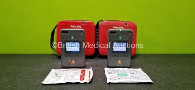 2 x Philips Heartstart FR3 Defibrillator (Both Power Up) in 2 x Carry Cases with 2 x LiMnO2 Batteries *Install Before - 2027 & 2028* and 2 x Electrodes *1 x Expired*