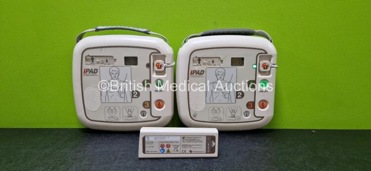 2 x CU Medical Systems Inc iPAD Intelligent Public Access Defibrillators (Both Power Up with Stock Battery - Stock Battery Not Included) with 1 x LiMnO2 Battery *Flat* and 2 x CU Medical Defibrillation Pads (Both Expired)*SN G1J45D0438 / G1N21M0314*