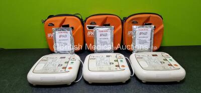 3 x CU Medical Systems Inc iPAD Intelligent Public Access Defibrillators in 3 x Carry Cases (All Power Up) with 3 x iPAD AED Starter Kits, 1 x LiMnO2 Battery and 3 x CU Medical Defibrillation Pads (All Expired) *SN G1M33R0089 / G1M19J0251 / G1M33R0054*