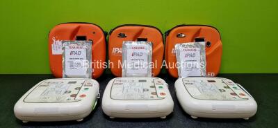 3 x CU Medical Systems Inc iPAD Intelligent Public Access Defibrillators in 3 x Carry Cases (All Power Up with Stock Battery - Stock Battery Not Included) with 3 x iPAD AED Starter Kits and 3 x CU Medical Defibrillation Pads (All Expired) *SN G1M10F0491 /