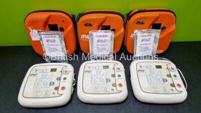 3 x CU Medical Systems Inc iPAD Intelligent Public Access Defibrillators in 3 x Carry Cases (All Power Up with Stock Battery - Stock Battery Not Included) with 3 x iPAD AED Starter Kits and 3 x CU Medical Defibrillation Pads (All Expired) *SN G1M10F0491 / - 2