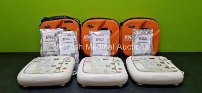 3 x CU Medical Systems Inc iPAD Intelligent Public Access Defibrillators in 3 x Carry Cases (All Power Up) with 1 x LiMnO2 Battery, 4 x iPAD AED Starter Kits and 3 x CU Medical Defibrillation Pads (All Expired) *SN G1M10F0470 / G1L25H0345 / G1M33R0275*