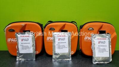 3 x CU Medical Systems Inc iPAD Intelligent Public Access Defibrillators in 3 x Carry Cases (All Power Up with Stock Battery - Stock Battery Not Included) with 1 x LiMnO2 Battery *Flat*, 3 x iPAD AED Starter Kits and 3 x CU Medical Defibrillation Pads (Al - 8