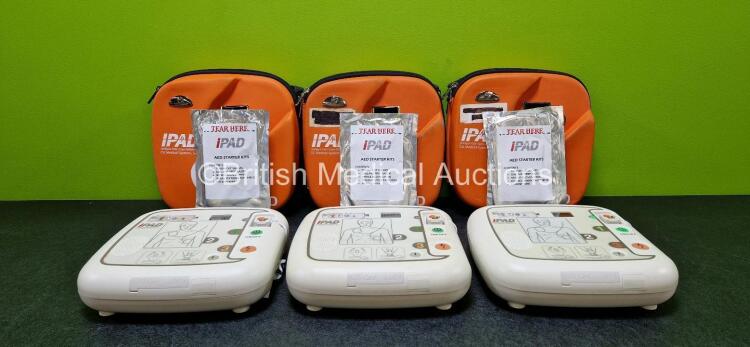 3 x CU Medical Systems Inc iPAD Intelligent Public Access Defibrillators in 3 x Carry Cases (All Power Up) with 1 x LiMnO2 Battery, 3 x iPAD AED Starter Kits and 3 x CU Medical Defibrillation Pads (All Expired) *SN G1L42O0294 / G1M10G0175 / G1M110F0471*