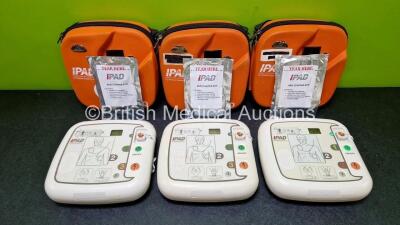 3 x CU Medical Systems Inc iPAD Intelligent Public Access Defibrillators in 3 x Carry Cases (All Power Up) with 1 x LiMnO2 Battery, 3 x iPAD AED Starter Kits and 3 x CU Medical Defibrillation Pads (All Expired) *SN G1L42O0294 / G1M10G0175 / G1M110F0471* - 2