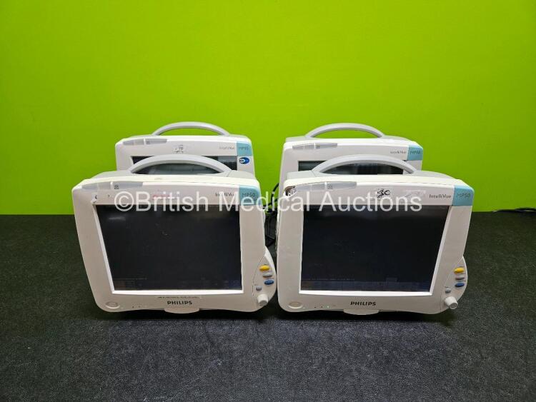 4 x Philips IntelliVue MP50 Patient Monitors (All Power Up, 3 x with Damage to Casing - See Photo) with 3 x Li-ion Batteries