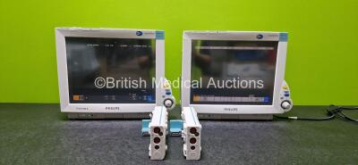 Job Lot Including 2 x Philips IntelliVue MP70 Patient Monitors (Both Power Up, 1 x Damaged Case, 1 x Missing Dial and 1 x Missing Badge - See Photos) with 2 x Philips M3012A Module with Press, Temp, Press and Temp Options (Both Cracked Cases - See Photos)