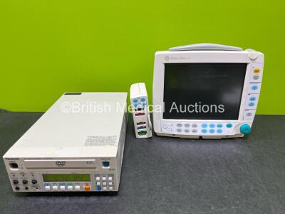 Mixed Lot Including 1 x GE Datex Ohmeda F-FMW-00 Patient Monitor (No Power) 1 x GE E-PSMP-00 Module with ECG, SpO2, T1, T2, P1, P2 and NIBP Options and 1 x Panasonic LQ-MD800 DVD Video Recorder (Powers Up) *SN 6325326 / 6328940 / D6TA11365*