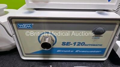 Mixed Lot Including 1 x Wem SE-120 Smoke Evacuation Unit, 1 x Charles Austen Dymax 5 Pump (Damage to Casing - See Photos) 2 x Part Boy Classic Nebulizers, 1 x Marsden Weighing Scales) 2 x Embla Flow Meter and 1 x Siss Baby Control - 3