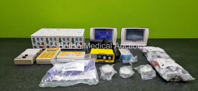 Mixed Lot Including 4 x Fukuda Denshi HS-8312N Model HS-8000 Modules Including ECG, AUX, Multi BP/TEMP/CO, NIBP and SpO2 Options, 1 x Phantom 320 Unit, 1 x Metron SpO2 Probe Analyzer, 1 x Metron PS-320 Fetal Stimulator, 2 x Nonin Resp Sense Patient Monito