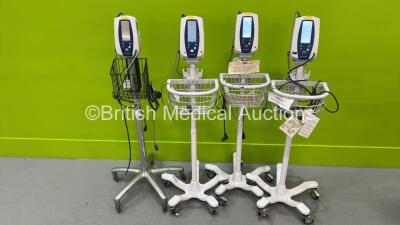 4 x Welch Allyn Spot Vital Signs Monitors on Stands with Power Supplies and Various Leads (All Power Up) *200821524 / 201402712*