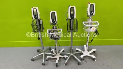 4 x Welch Allyn Spot Vital Signs 420 Series Monitors on Stands with Power Supplies and Various Leads (All Power Up) *200618489 / 200405465*