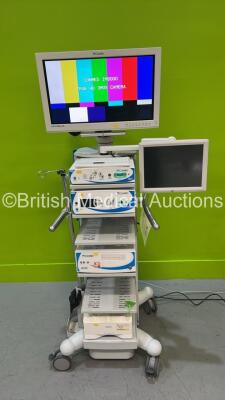 Conmed Stack Trolley with Conmed HD 1080p LED Monitor with Power Supply, Elo Monitor, Conmed IM8000 TrueHD Camera Unit, Conmed LS8000 DirectLED Light Source, Conmed HD DRSHD 1080p (HDD REMOVED) and Sony UP-DR80MD Printer (Powers Up) *15290372 / DRSHD-111