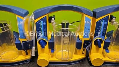 3 x Laerdal LSU Suction Units (All Power Up, 1 x with Crack in Casing - See Photo) with 3 x Suction Cups (All Missing Lids) *SN 78071858794 / 78061577043 / 78122081772* - 3