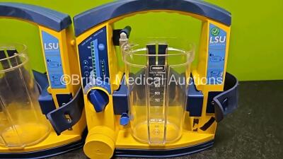 3 x Laerdal LSU Suction Units (All Power Up, 1 x with Crack in Casing - See Photo) with 3 x Suction Cups (All Missing Lids) *SN 78071858794 / 78061577043 / 78122081772* - 4