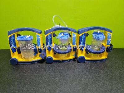 3 x Laerdal LSU Suction Units (All Power Up, 2 x with Crack in Casing - See Photos) with 3 x Suction Cups, Hoses and 3 x Batteries