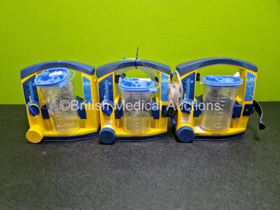 3 x Laerdal LSU Suction Units (All Power Up, 2 x with Cracks in Casing - See Photos) with 3 x Suction Cups, Hoses and 3 x Batteries