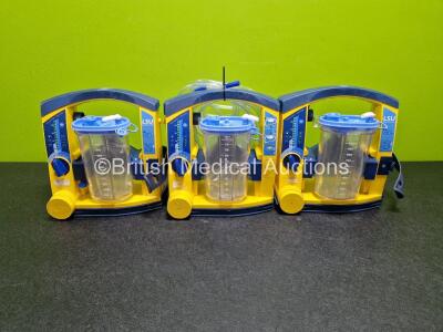 3 x Laerdal LSU Suction Units (All Power Up, All with Cracks in Casing - See Photos) with 3 x Suction Cups, Hoses and 3 x Batteries