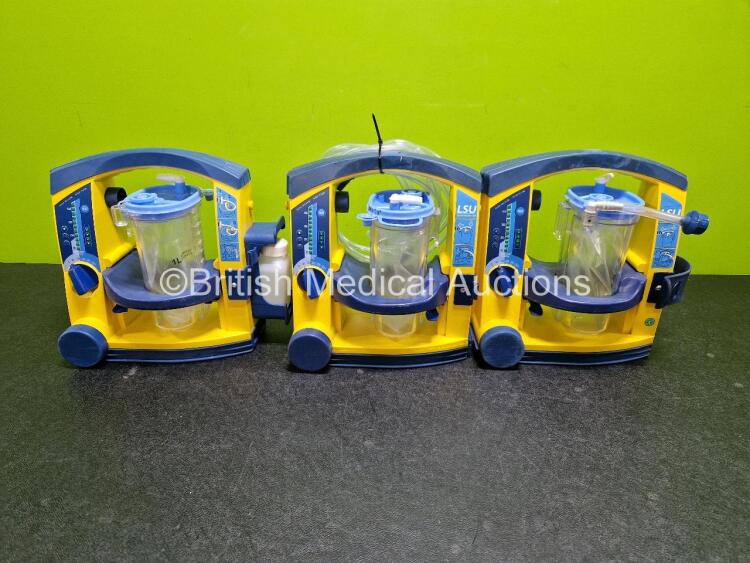 3 x Laerdal LSU Suction Units (All Power Up, 2 x with Cracks in Casing - See Photos) with 3 x Suction Cups, Hoses and 3 x Batteries