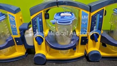 3 x Laerdal LSU Suction Units (All Power Up, 2 x with Cracks in Casing - See Photos) with 3 x Suction Cups, Hoses and 3 x Batteries - 3