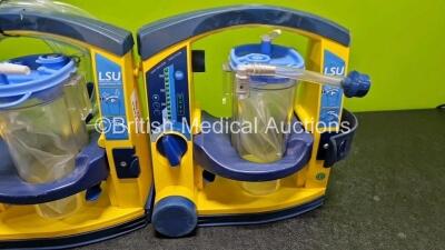 3 x Laerdal LSU Suction Units (All Power Up, 2 x with Cracks in Casing - See Photos) with 3 x Suction Cups, Hoses and 3 x Batteries - 4