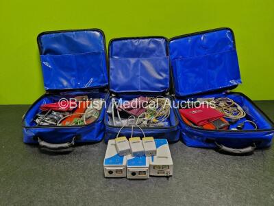 Job Lot Including 3 x Oralite Emergency Carry Bags, 3 x Masimo Phasein Ref 800101 Mainstream Analyzers, 3 x Ortivus M531 Measuring Units (1 x Damaged Case - See Photos) and Various Patient Monitoring Cables and Accessories