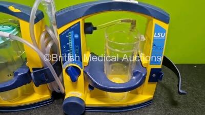 2 x Laerdal LSU Suction Units (Both Power Up , 1 x with Crack in Casing - See Photo) with 2 x Suction Cups (1 x Missing Lid) - 3