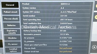 Maquet Servo U Ventilator on Stand Model No 6694800 - System Software Version 4.4.0.78be7bed - System Version 4.4 Running Hours 48118 with Hoses (Powers Up) - 9