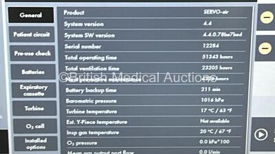 Maquet Servo Air Ventilator on Stand Model No 6882000 - System Software Version 4.4.0.78be7bed - System Version 4.4 Running Hours 51343 with Hose (Powers Up) - 6