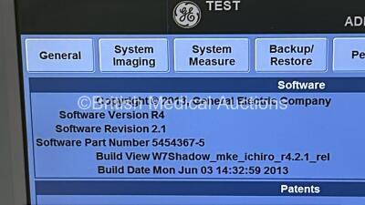 GE Logiq E9 Flat Screen Ultrasound Scanner Ref 5205000-6 *S/N 108186US8* **Mfd 10/2011** Software Version R4 Software Revision 2.1 with Sony UP-D897 Printer (Powers Up) ***IR845*** - 10