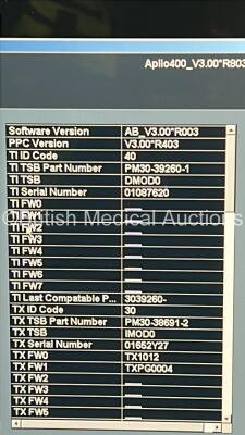 Toshiba Aplio 400 TUS-A400 Flat Screen Ultrasound Scanner *S/N W1D12Z3233* **Mfd 2012-12** Software Version AB_V3.00*R003 with 1 x Transducer / Probe (PVT-674BT *Mfd 2016-09*) (Powers Up) ***CI043*** - 11