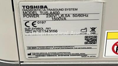 Toshiba Aplio 400 TUS-A400 Flat Screen Ultrasound Scanner *S/N W1E1343656* **Mfd 2013-04** Software Version AB_V3.00*R003 with 1 x Transducer / Probe (PVT-674BT *Mfd 2021-03*) (Powers Up) ***CI042*** - 8